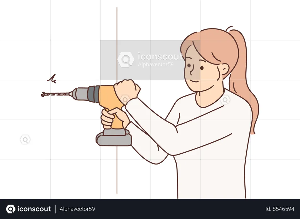 Woman uses electric drill to create hole in wall and hang shelf or picture in apartment  Illustration