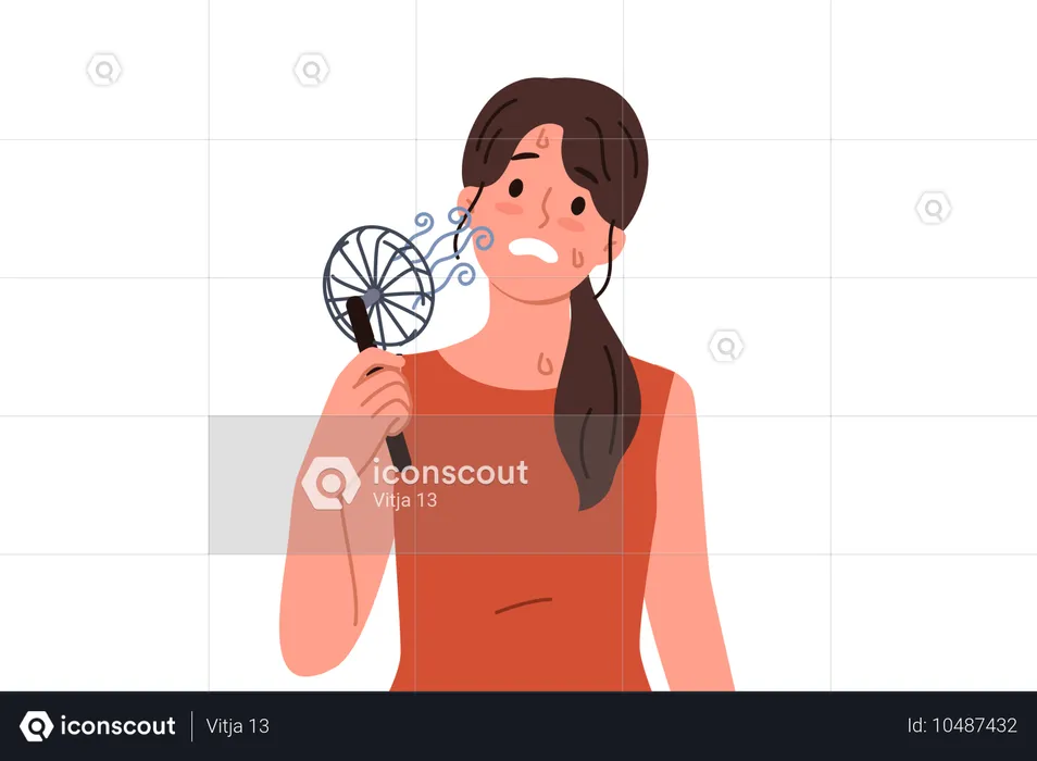 Woman uses electric fan to stop sweating and prevent exhaustion in hot summer weather  Illustration