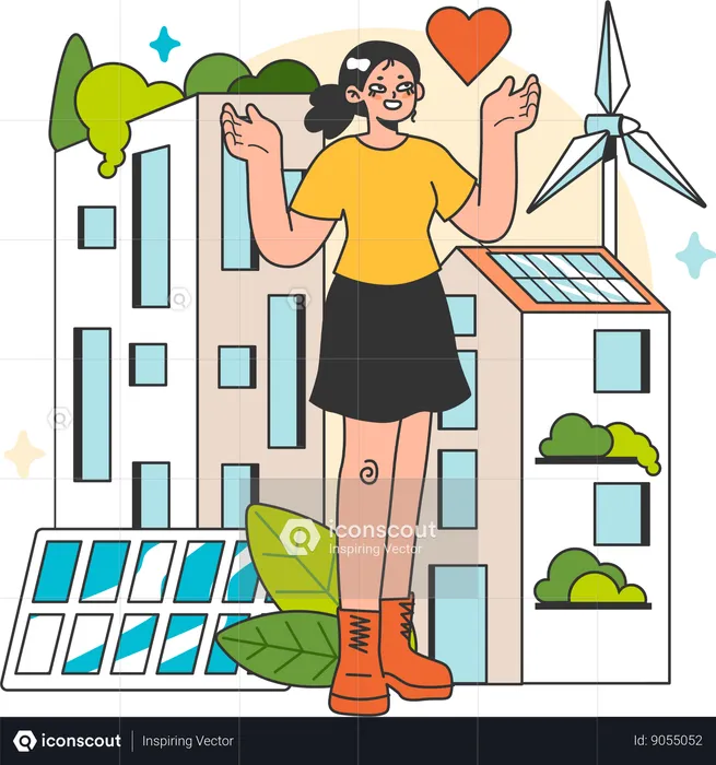 Woman uses green energy in home  Illustration