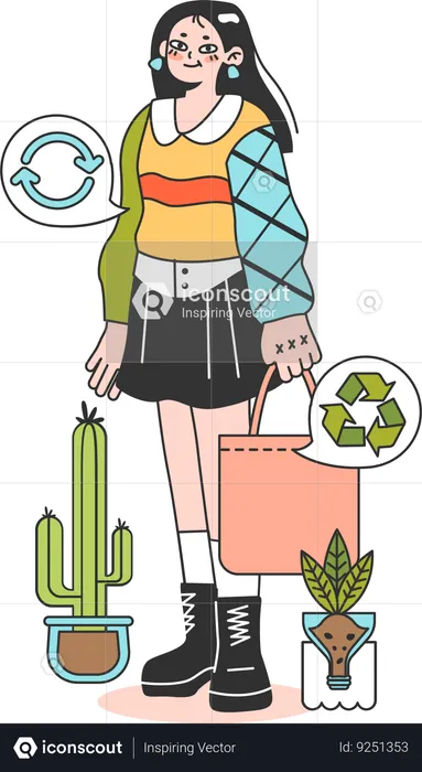 Woman uses recyclable jute bag  Illustration