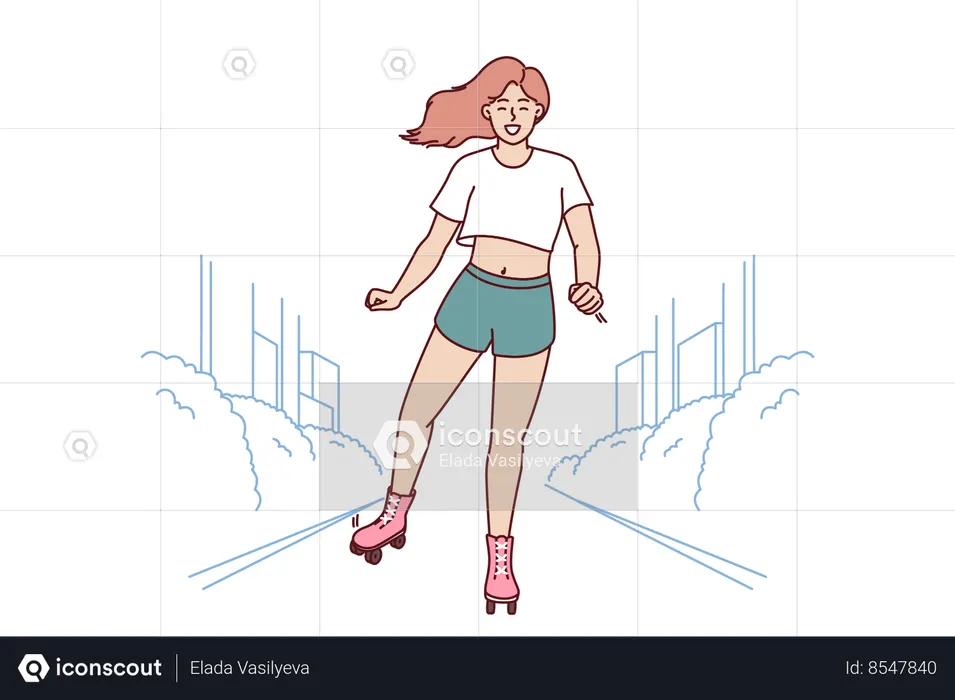 Woman uses roller skates to ride around city and breathe fresh air on hot summer day  Illustration