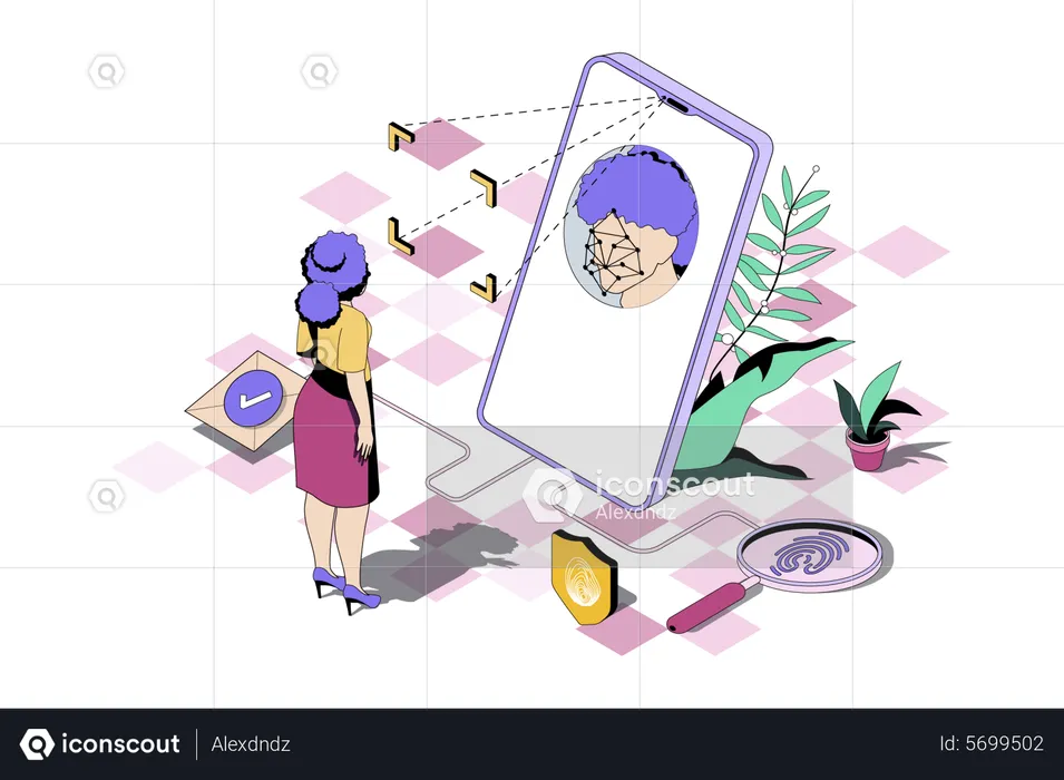 Woman uses secure access with face recognition  Illustration