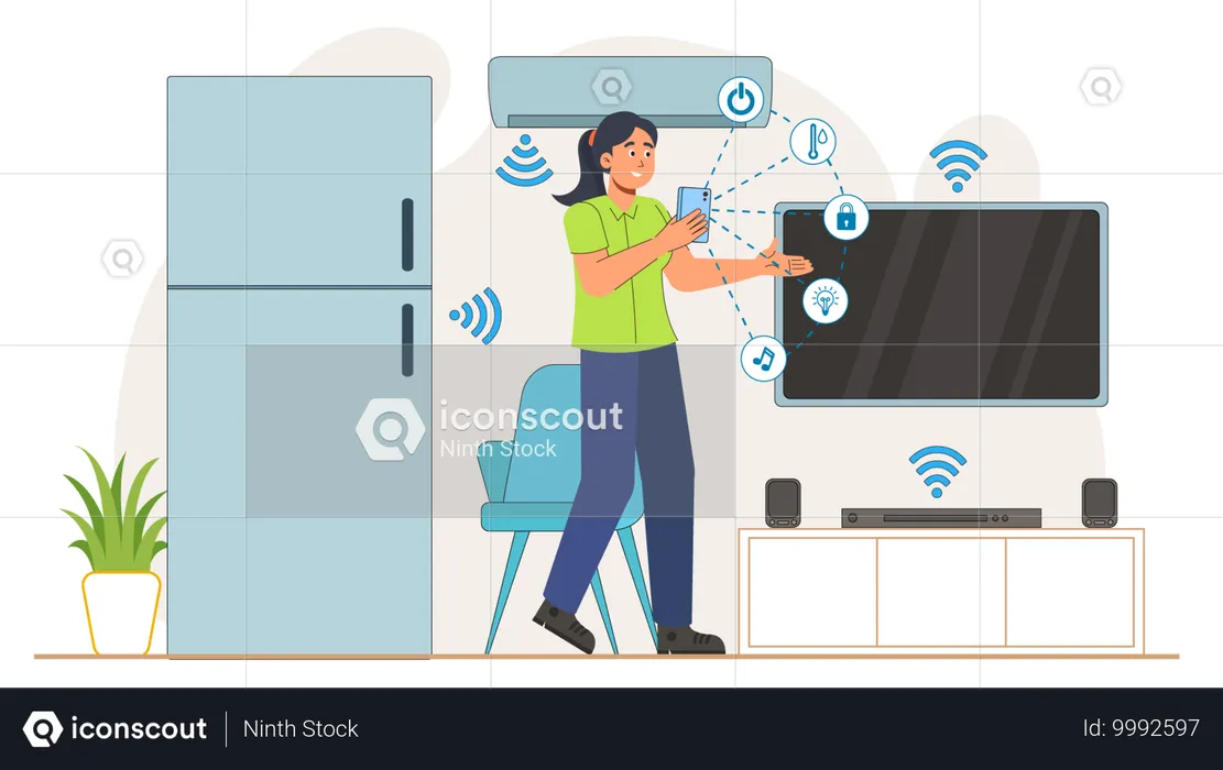 Woman uses smart AC remote control to maintain temperature  Illustration