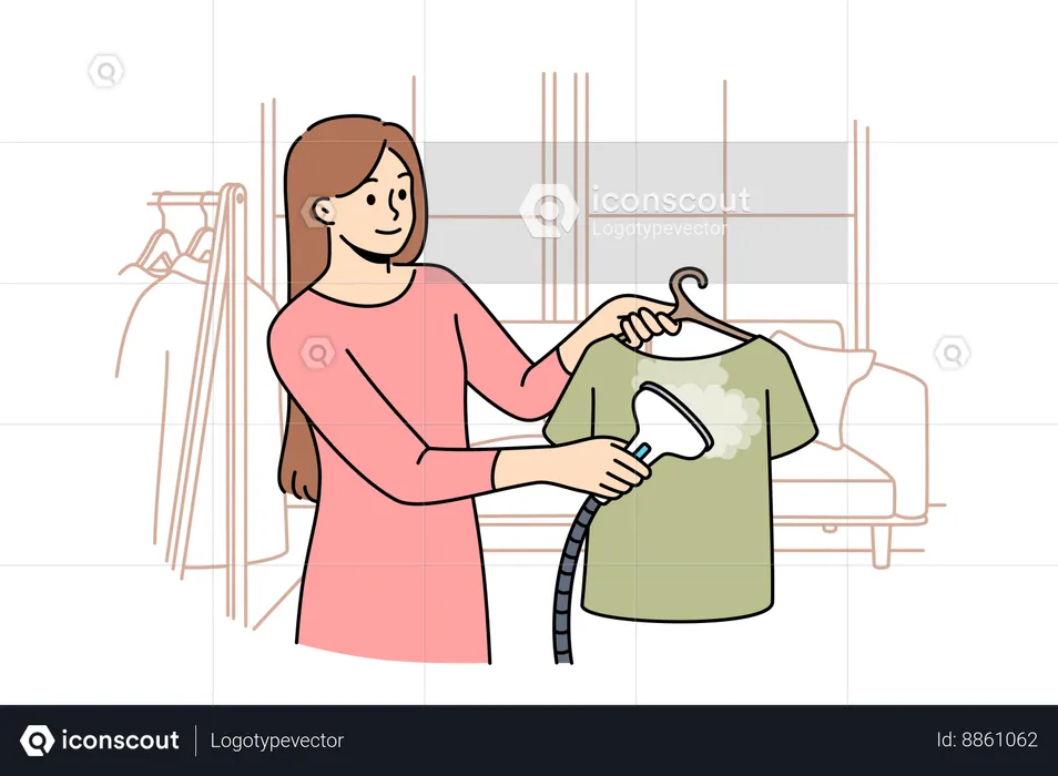 Woman uses steam iron to treat clothes after washing and avoid wrinkles  Illustration