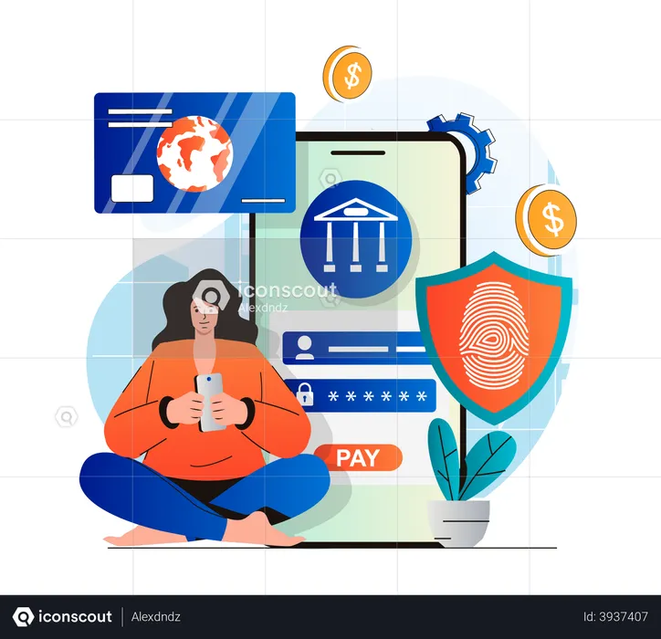 Woman using biometric security for payment  Illustration