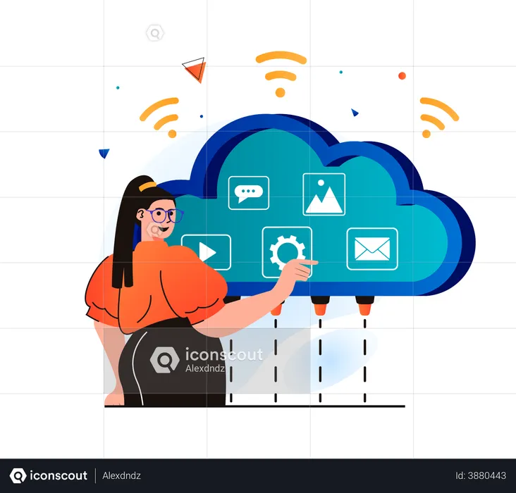 Woman using cloud storage to store data  Illustration