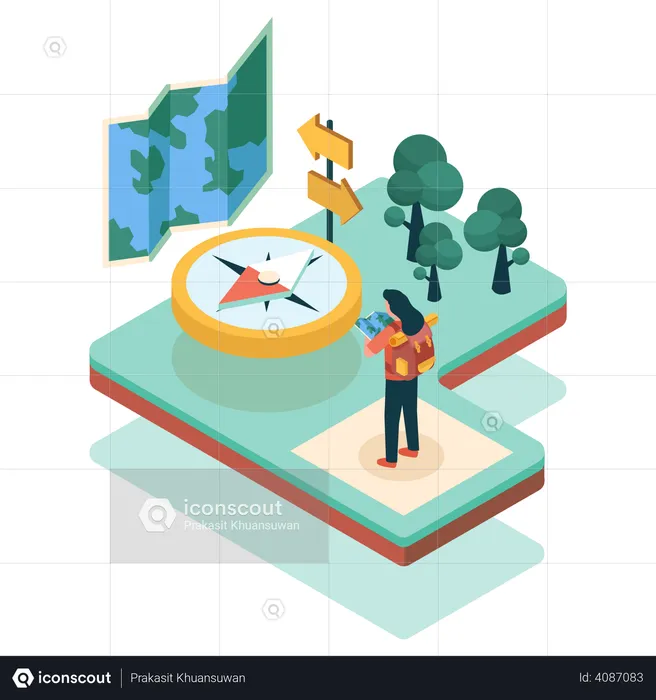 Woman using compass and map  Illustration