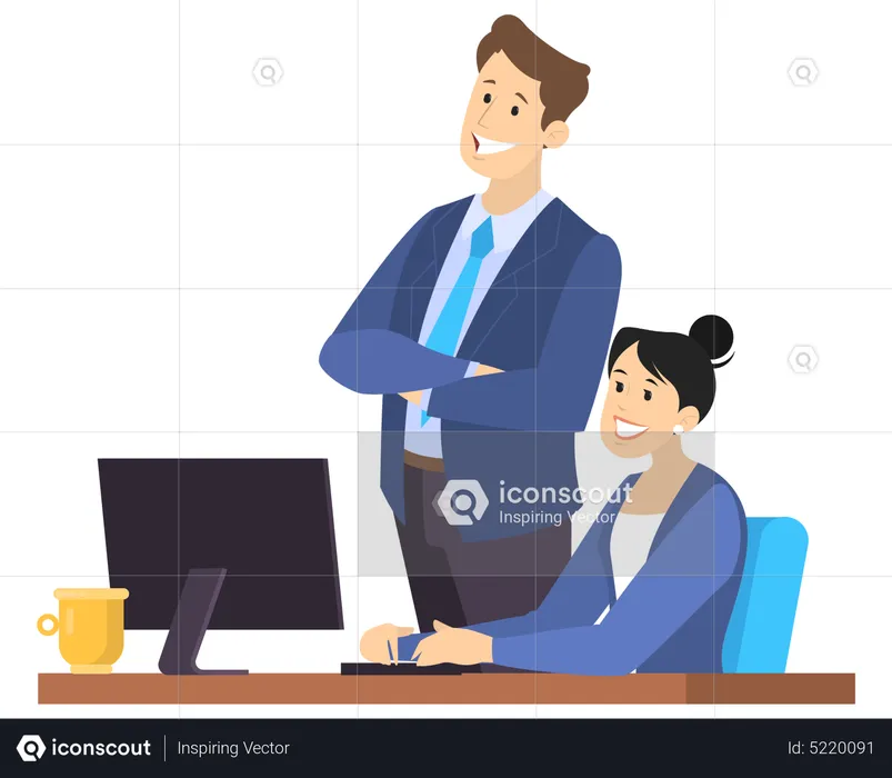 Woman using computer and talking to her coworker  Illustration
