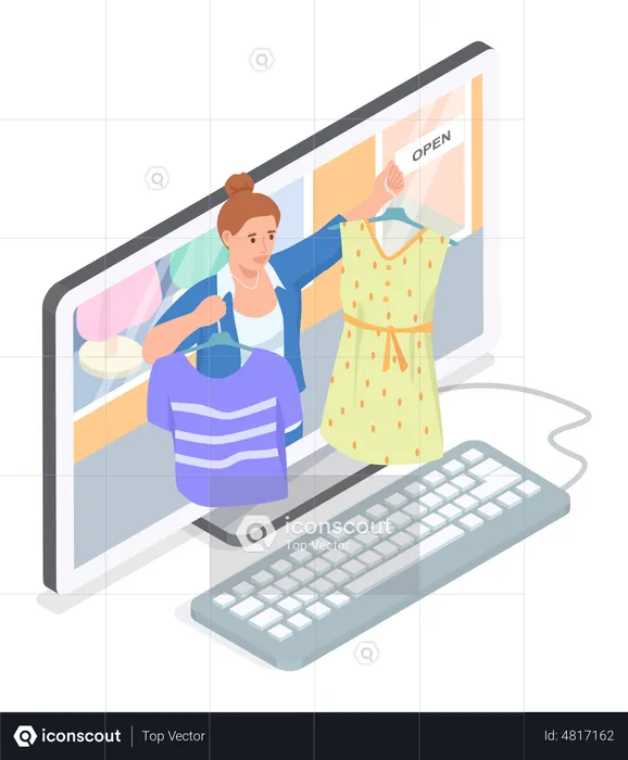 Woman using computer to sell dress online  Illustration