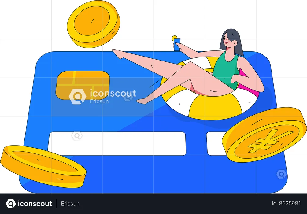 Woman using credit card on trip  Illustration