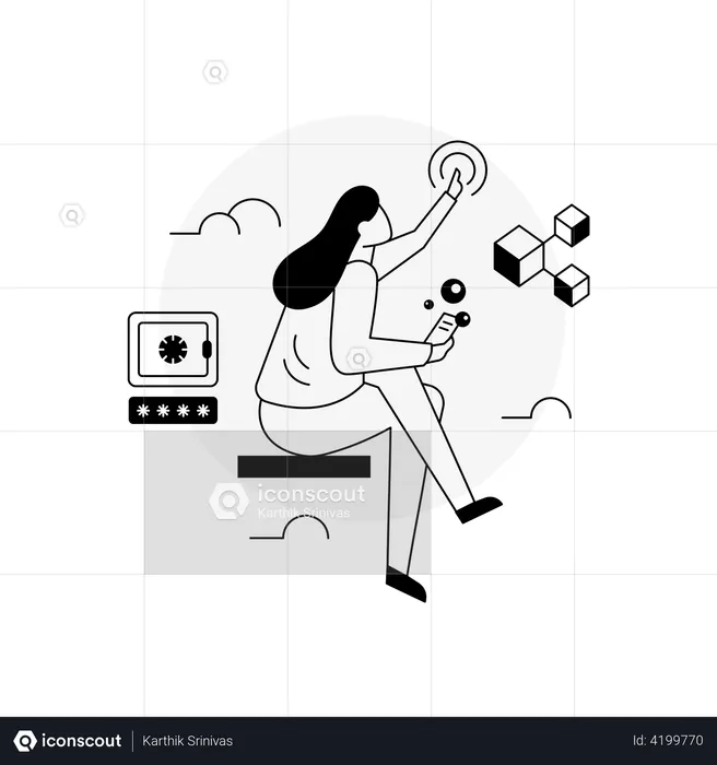 Woman using crypto blockchain technology  Illustration