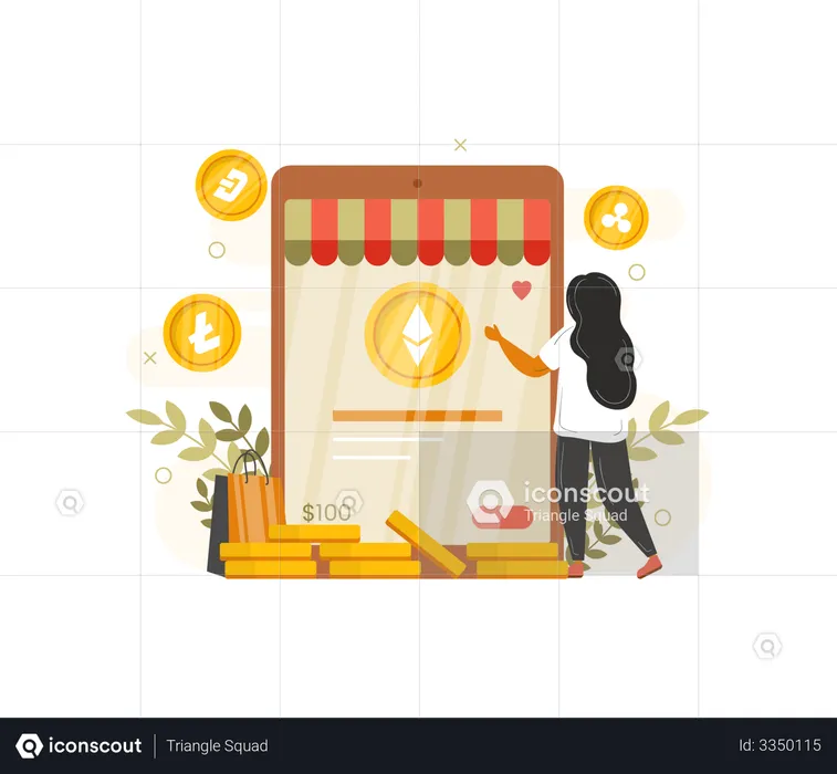 Woman using crypto marketplace  Illustration