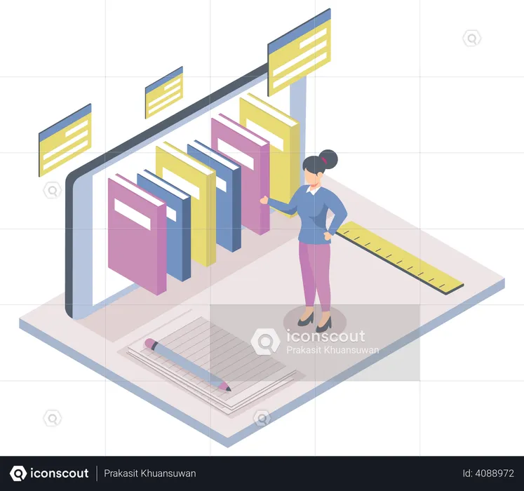Woman using digital library  Illustration
