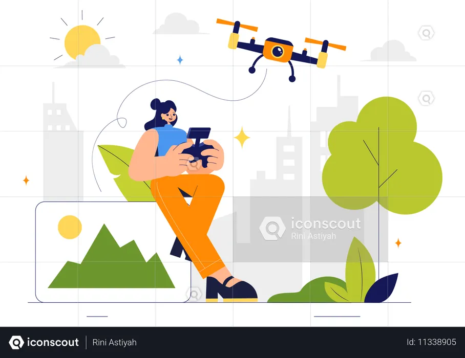 Woman using Drone Capturing Aerial Photos and Videos from Above  Illustration