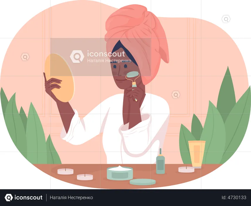 Woman using face roller at home  Illustration