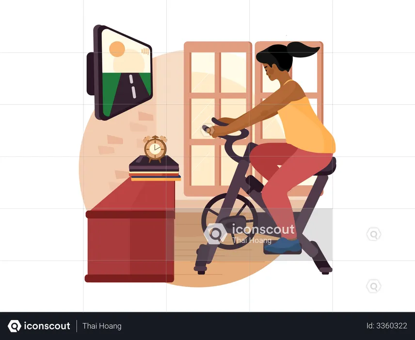 Woman using indoor cycling bike at home  Illustration