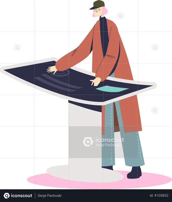 Woman using interactive information kiosk  Illustration