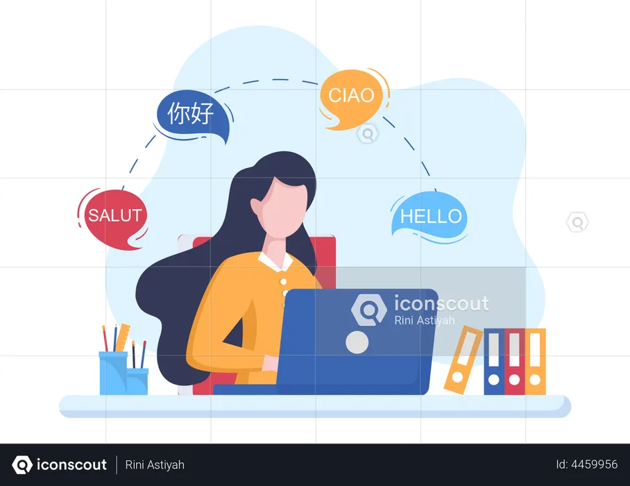 Woman using language translation website  Illustration