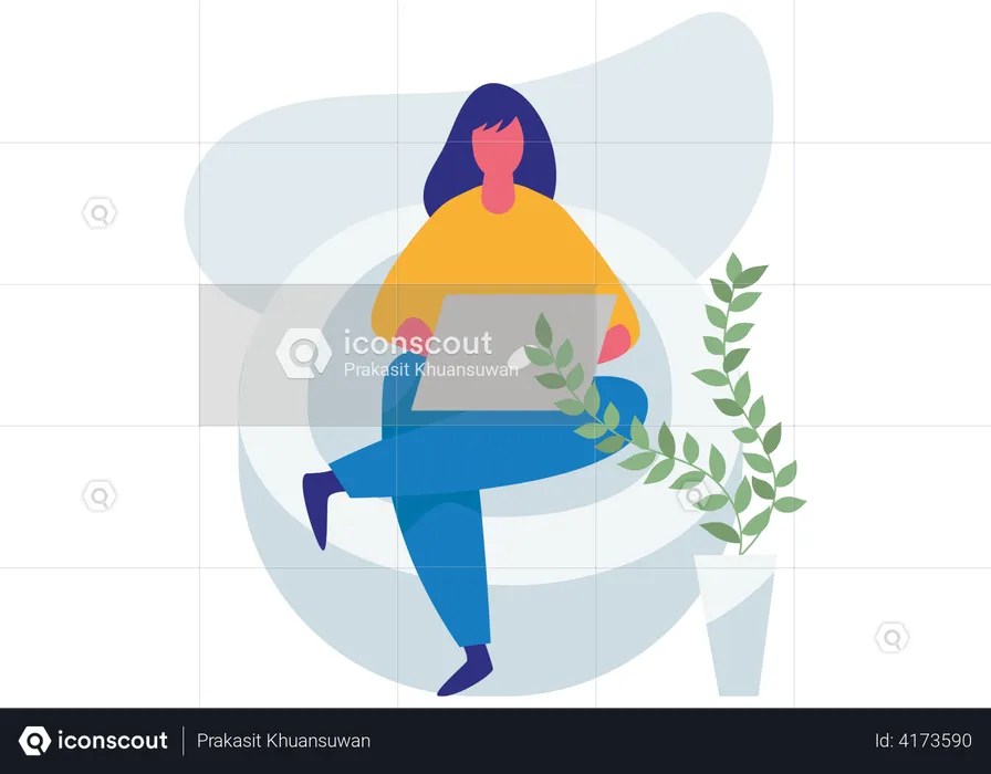 Woman using laptop and sitting on couch  Illustration