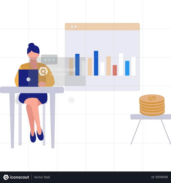 Woman using  laptop for graph of stock market  Illustration