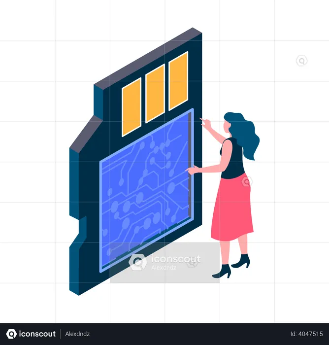 Woman using memory card  Illustration
