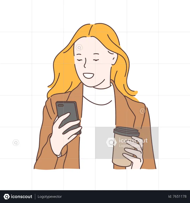 Woman using mobile and holding coffee cup  Illustration
