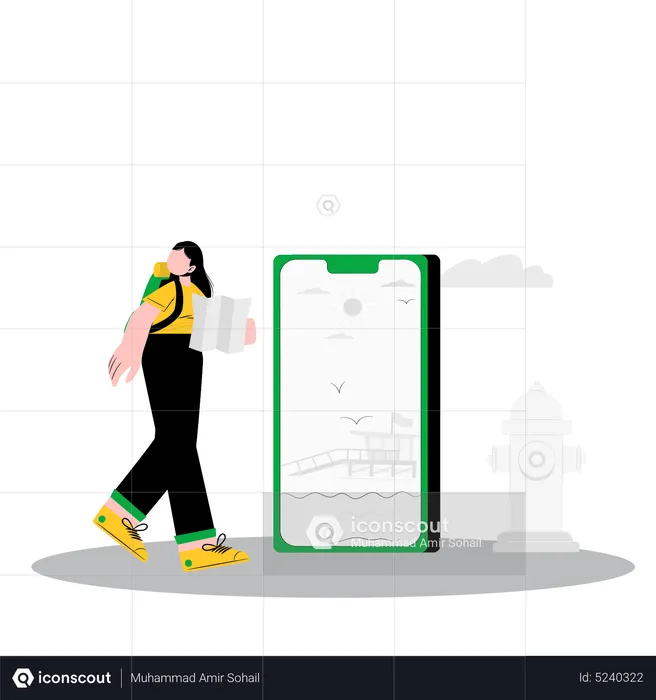 Woman using mobile app to find travel location  Illustration