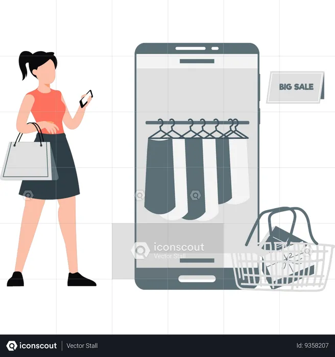 Woman using mobile for online shopping  Illustration