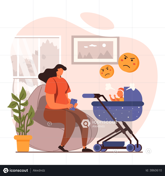 Woman using mobile instead of paying attention to baby Illustration