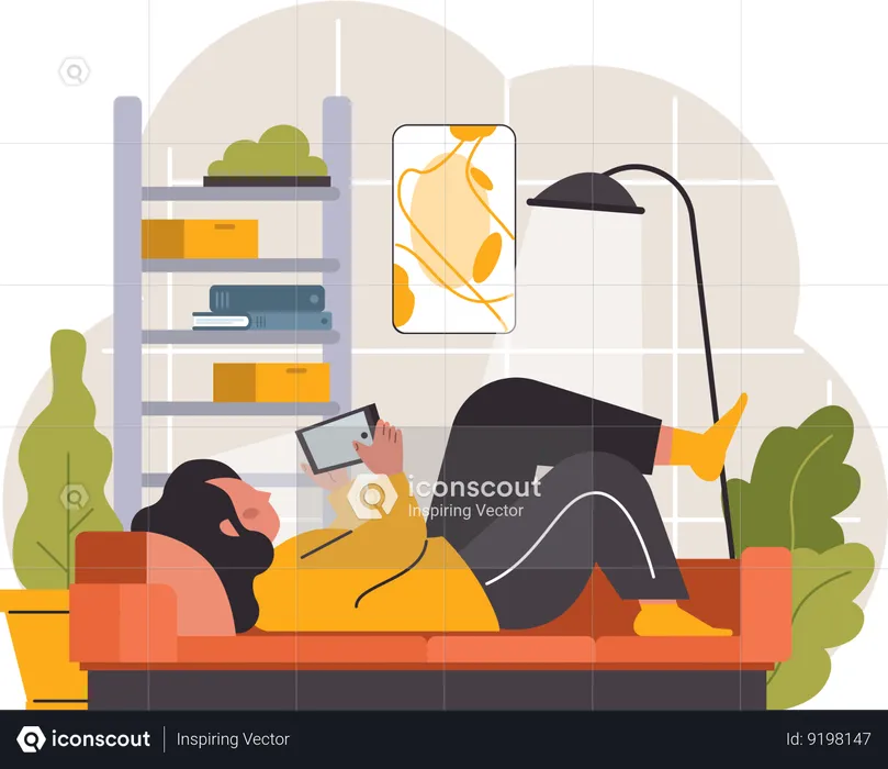 Woman using mobile on sofa  Illustration