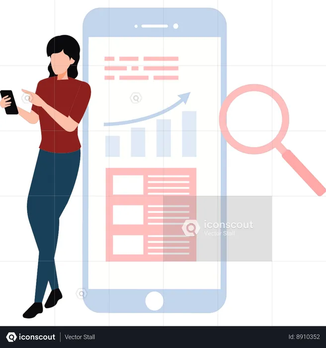 Woman Using Mobile Phone Doing Online Analysis  Illustration
