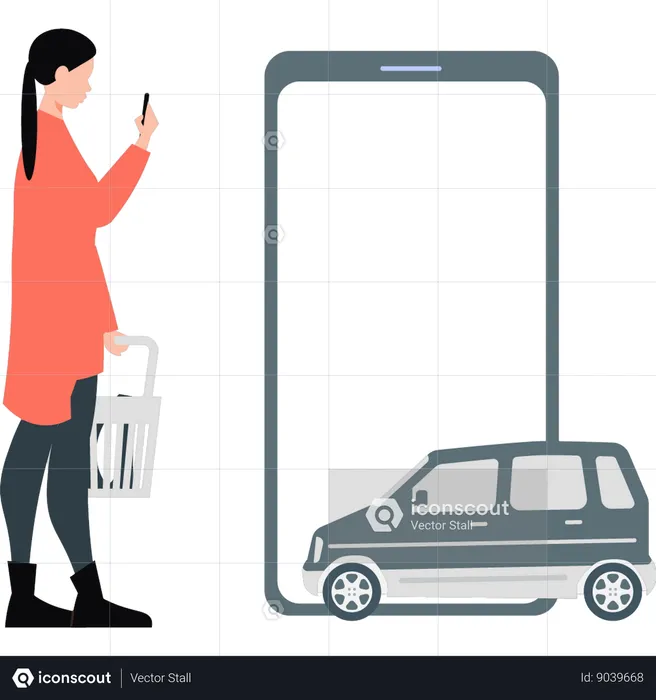 Woman using mobile phone for booking taxi  Illustration