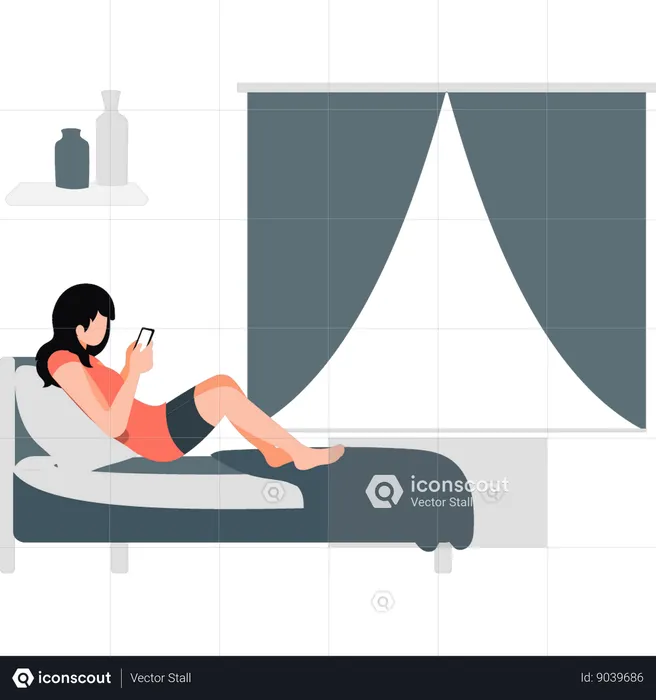 Woman using mobile phone in her bedroom  Illustration