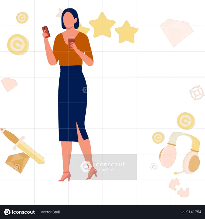 Woman using mobile phone playing game  Illustration