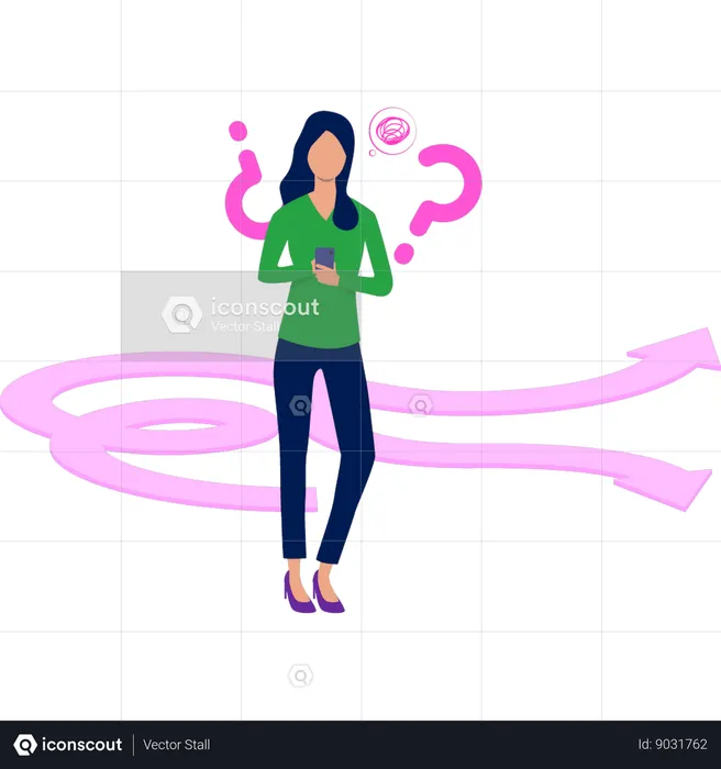 Woman using mobile phone solving problem  Illustration