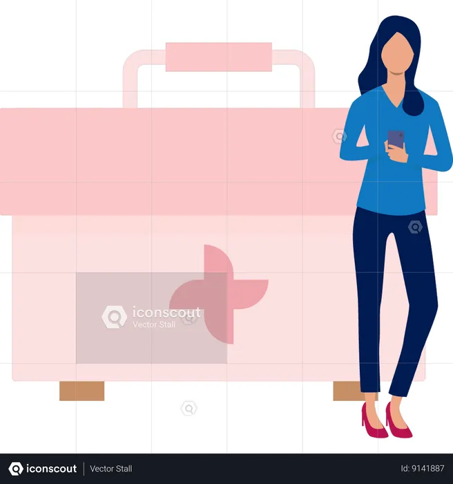 Woman Using Mobile Showing Medical Box  Illustration