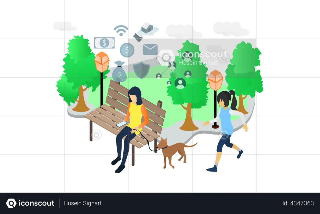 Woman using mobile while sitting in park  Illustration