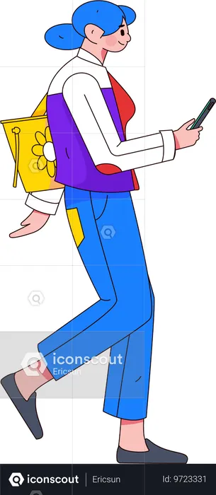 Woman using mobile with bag  Illustration