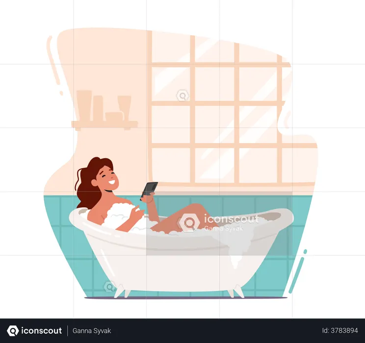 Woman Using Phone While Having Bath In Bathtub  Illustration