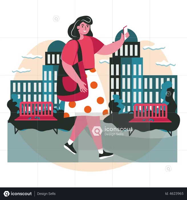 Woman using phone while walking  Illustration
