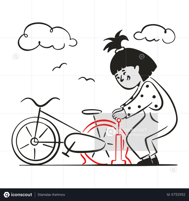 Woman using pump filling air in flat tire  Illustration