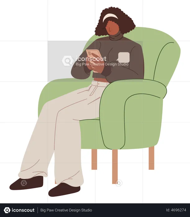 Woman using smartphone while sitting on armchair  Illustration