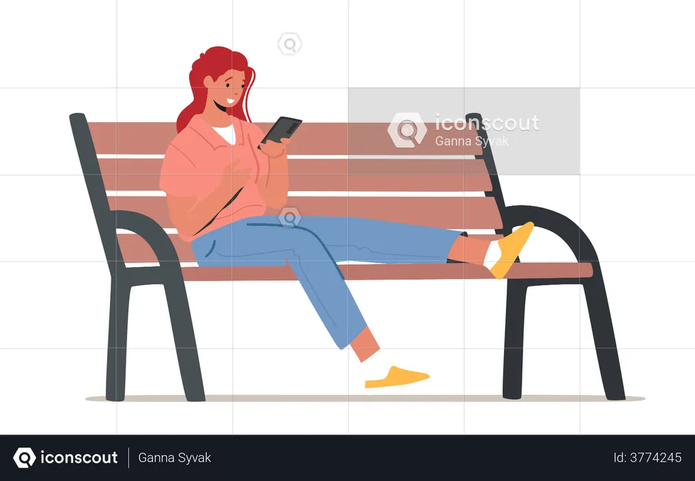 Woman Using Smartphone while Sitting on Bench  Illustration