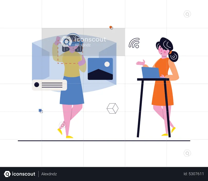 Woman using virtual reality technology for business  Illustration