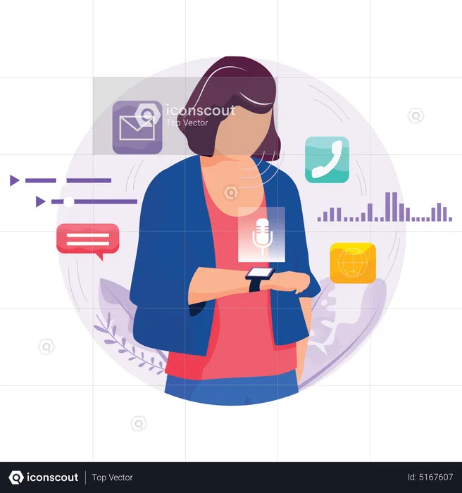 Woman using voice assistant on smartwatch  Illustration