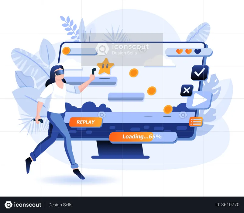 Woman Using VR Glasses And Hand Controller Joystick  Illustration