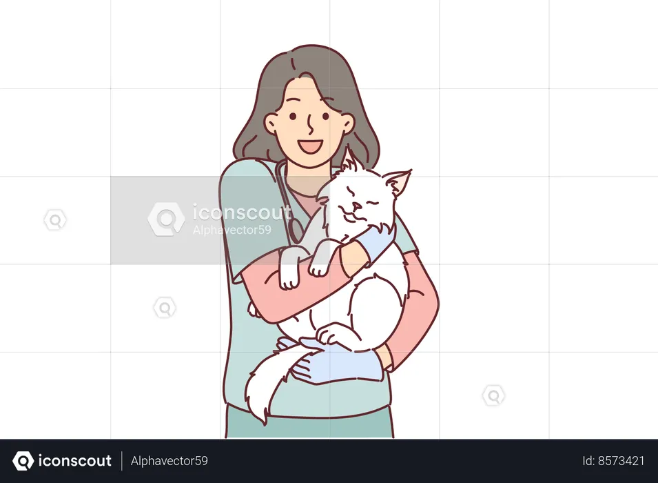 Woman veterinarian holds cat belonging to ZOO clinic visitor who brought pet for vaccination  Illustration