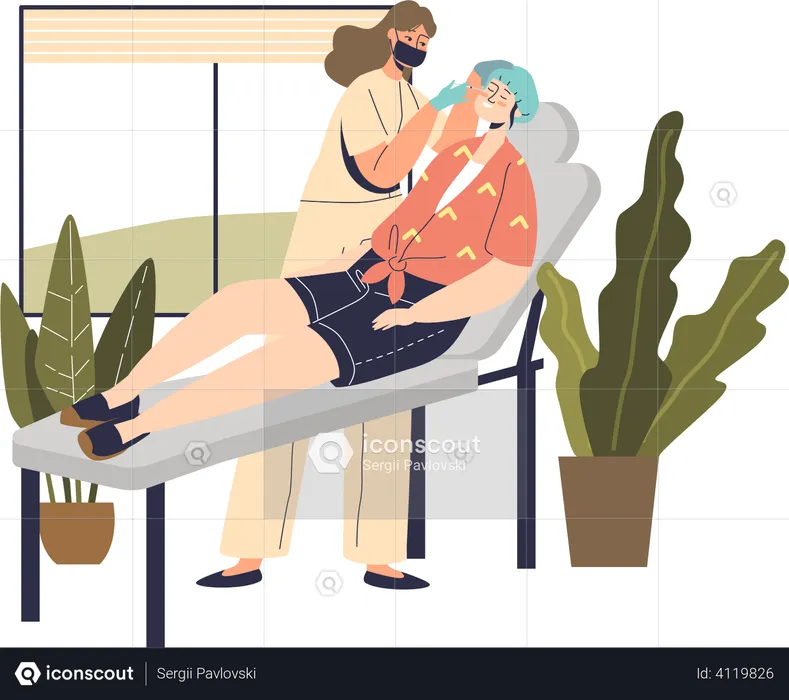 Woman visit cosmetologist getting relaxing spa procedure or skin treatment in wellness salon  Illustration