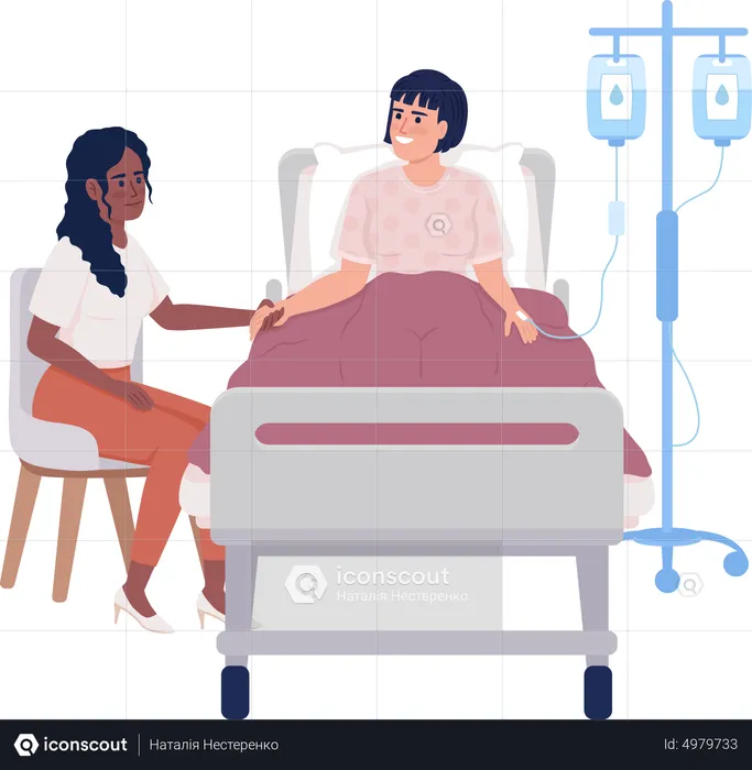 Woman visiting ill friend at hospital  Illustration
