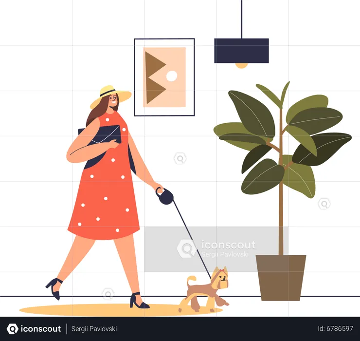 Woman visitor with dog walking in hotel lobby  Illustration